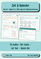 Vorschau - Unterrichtsreihen - Uhrzeit, Wochentage & Monate DaZ A1 – hören und üben | interaktive App + 8 Arbeitsblätter + Test mit Audio | Klasse 2–5 - Deckblatt