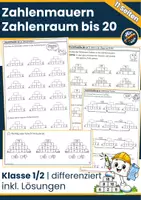 Vorschau - Arbeitsblätter - Zahlenmauern bis 20 - Arbeitsblätter Klasse 1-2 | Differenziert mit Zehnerübergang & Lösungen - Deckblatt