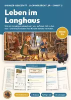 Vorschau - Unterrichtsreihen - Wikinger Langhaus Sachunterricht Klasse 3/4 | Arbeitsblätter 13 Seiten mit Lösungen | Grundriss, Arbeit auf dem Hof, Kinder damals | Wikinger-Werkstatt 2 - Deckblatt