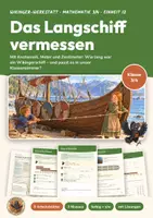Vorschau - Unterrichtsreihen - Längen m und cm messen Mathe Klasse 3/4 | Arbeitsblätter 13 Seiten mit Lösungen | Wikingerschiff vermessen, Malaufgaben | Wikinger-Werkstatt 12 - Deckblatt