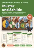 Vorschau - Unterrichtsreihen - Symmetrie und Muster Mathe Klasse 3/4 | Arbeitsblätter 14 Seiten mit Lösungen | Spiegelachsen, Bandmuster, Schilde | Wikinger-Werkstatt 14 - Deckblatt