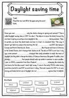 Vorschau - Arbeitsblätter - Daylight saving time – Worksheet: cloze text, listening comprehension and word search - English - Seite 1