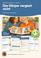Vorschau - Stundenentwürfe - Gedächtniszellen Immungedächtnis Immunität Biologie Klasse 8 9 | Unterrichtsstunde 15 Seiten mit Lösungen | Erst- und Zweitkontakt, Diagramm, Halbwertszeit, Boarding Pass, Exit-Ticket | Blut und Abwehr 9 - Deckblatt