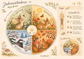 Vorschau - Arbeitsblätter - Jahreszeitenkreis zum Basteln | Drehscheibe mit Zeiger – Frühling, Sommer, Herbst & Winter - Seite 1