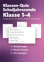 Vorschau - Spiele - Klassen-Quiz Schuljahresende Grundschule – 48 Quizfragen Klasse 1–4 für die letzte Schulwoche mit Lösungen und Urkunde - Seite 1