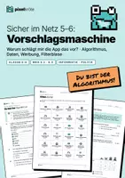 Vorschau - Stundenentwürfe - Vorschlagsmaschine: Warum schlägt mir die App das vor? | Empfehlungsalgorithmus, Daten, Werbung, Filterblase | Klasse 5–6 | Informatik, Politik | MKR 5.2, 6.4 - Deckblatt