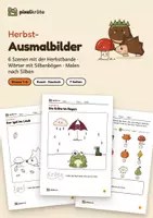 Vorschau - Arbeitsblätter - Herbst-Ausmalbilder: Die Herbstbande | 6 Szenen zum Ausmalen, Wörter mit Silbenbögen, Malen nach Silben | Klasse 1–2 | Kunst, Deutsch - Deckblatt