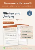 Vorschau - Klassenarbeiten - Klassenarbeit Flächen und Umfang Klasse 8 Mathematik – Gruppe A & B mit Lösungen (PDF + Word) – Niveau Basis in Mathe - Deckblatt