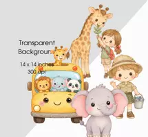Vorschau - Bildkarten - Ausflug in den Zoo Clipart, Aquarell Zootiere, Safari und Dschungel, Schulbus - Seite 3