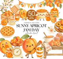 Vorschau - selbst erstellte Cliparts/Grafiken - Sonnige Aprikosenzeit Clipart, Aprikosen Aquarell, Süße Marmeladengläser und Aprikosenkuchen, Selbstgemachte Marmelade, Sommerküche Clipart - Deckblatt