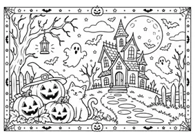 Vorschau - Arbeitsblätter - Halloween-Ausmalbild mit Spukhaus, Kürbissen und Gespenstern - Grundschule - Deckblatt