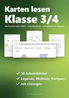 Vorschau - Arbeitsblätter - Karten lesen Klasse 3/4 – Arbeitsheft Himmelsrichtungen, Legende, Maßstab und Kompass, Sachunterricht mit Lösungen (HSU) - Deckblatt