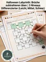 Vorschau - Arbeitsblätter - Halloween Labyrinth: Brüche subtrahieren üben | 3 Niveaus - Deckblatt