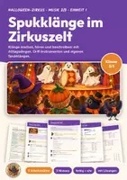 Vorschau - Arbeitsblätter - Klänge erzeugen Musik Klasse 2/3 | Arbeitsblätter 13 Seiten mit Lösungen | Geräusch und Ton, Instrumente, Halloween | Halloween-Zirkus 1 - Deckblatt