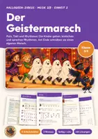 Vorschau - Arbeitsblätter - Rhythmus und Takt Musik Klasse 2/3 | Arbeitsblätter 13 Seiten mit Lösungen | Puls, Notenwerte, Bodypercussion, Halloween | Halloween-Zirkus 2 - Deckblatt