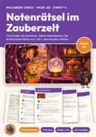 Vorschau - Arbeitsblätter - Notennamen lernen Musik Klasse 2/3 | Arbeitsblätter 13 Seiten mit Lösungen | Notenlinien, Violinschlüssel, Notenrätsel | Halloween-Zirkus 4 - Deckblatt