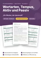 Vorschau - Arbeitsblätter - Klassenarbeit Deutsch Klasse 7: Wortarten, Tempus, Aktiv und Passiv – „Ein Wecker, der davonrollt“ mit Erwartungshorizont - Deckblatt
