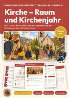 Vorschau - Stationenlernen - Kirchenraum und Kirchenjahr Religion Klasse 3/4 | Arbeitsblätter 16 Seiten mit Lösungen | Altar, Taufbecken, Feste, evangelisch und katholisch | Himmel-und-Erde-Werkstatt 10 - Deckblatt