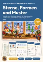 Vorschau - Arbeitsblätter - Geometrische Formen und Muster Mathe Klasse 1/2 | Arbeitsblätter 13 Seiten mit Lösungen | Kreis, Dreieck, Quadrat, Sterne | Wichtel-Werkstatt 15 - Deckblatt