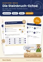 Vorschau - Arbeitsblätter - Die Steinbruch-Echse – nur Papier, zum Ausdrucken: Escape Room Brüche Mathe Klasse 6 ohne Technik: Bruchteile erkennen, färben, Zähler und Nenner, Rest und Ganzes - Deckblatt