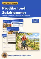 Vorschau - Arbeitsblätter - Prädikat und Satzklammer Deutsch Klasse 5 6 | Arbeitsblätter 16 Seiten mit Lösungen | trennbare Verben, Modalverben, Perfekt, Lernplakat | Satzglieder und Zeitformen Teil 2 - Deckblatt