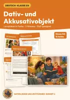 Vorschau - Arbeitsblätter - Dativobjekt Akkusativobjekt Deutsch Klasse 5 6 | Arbeitsblätter 16 Seiten mit Lösungen | Wem? Wen oder was? Ersatzprobe, Lernplakat | Satzglieder und Zeitformen Teil 4 - Deckblatt