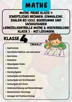 Vorschau - Arbeitsblätter - Mathe-Probe Klasse 4 Schriftliches Rechnen, Einmaleins, Zahlen bis 1000, Quersumme und Sachaufgaben Lernzielkontrolle Mathe & Wiederholung Klasse 3 - Mit Lösungen Klasse 4 - Deckblatt