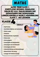 Vorschau - Arbeitsblätter - Mathe-Probe Klasse 4 Schriftliches Rechnen, Einmaleins, Zahlen bis 1000, Zahlen ordnen und Sachaufgaben und Sachaufgaben Lernzielkontrolle Mathe & Wiederholung Klasse 3 - Mit Lösungen Klasse 4 - Deckblatt