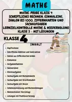 Vorschau - Arbeitsblätter - Mathe-Probe Klasse 4 Schriftliches Rechnen, Einmaleins, Zahlen bis 1000, Ziffernkarten und Sachaufgaben Lernzielkontrolle Mathe & Wiederholung Klasse 3 - Mit Lösungen Klasse 4 - Deckblatt