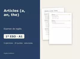Vista previa - Evaluación - Articles (a, an, the) – Examen de inglés 1º ESO - Portada