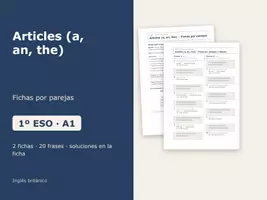 Vista previa - Hojas de trabajo - Articles (a, an, the) – Fichas por parejas de inglés 1º ESO - Portada