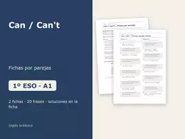 Vista previa - Hojas de trabajo - Can / Can't – Fichas por parejas de inglés 1º ESO - Portada