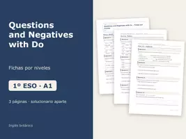 Vista previa - Hojas de trabajo - Questions and Negatives with Do – Fichas por niveles de inglés 1º ESO - Portada