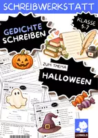 Vorschau - Arbeitsblätter - Halloween Gedicht schreiben Klasse 5 6 7 | Akrostichon, Elfchen & Rondell mit Stilmitteln | Gruselige Lyrik nach Bauplan inklusive Lösungen - Deckblatt