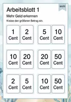 Vorschau - Arbeitsblätter - Geldbeträge vergleichen bis 50 Cent | Mathematik Klasse 1 | 5 Arbeitsblätter als PDF - Seite 1