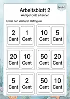 Vorschau - Arbeitsblätter - Geldbeträge vergleichen bis 50 Cent | Mathematik Klasse 1 | 5 Arbeitsblätter als PDF - Seite 2