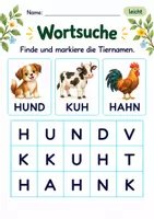Vorschau - Arbeitsblätter - Wörter im Suchsel finden Klasse 1 – Tierfreunde | Deutsch Klasse 1 | 10 Arbeitsblätter als PDF - Seite 1