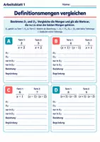 Vorschau - Arbeitsblätter - Definitionsmengen vergleichen | Mathematik Klasse 8 Gymnasium | 10 Arbeitsblätter mit Lösungen als PDF - Seite 1