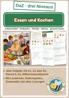 Vorschau - Arbeitsblätter - Essen, Kochen und gesunde Ernährung – DaZ in drei Niveaus A1, A2, B1 | Wortschatz, Lesetexte, Rezept, Mensa, Klasse 5–10 - Deckblatt