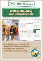 Vorschau - Arbeitsblätter - Wetter, Kleidung und Jahreszeiten – DaZ in drei Niveaus A1, A2, B1 | Wetterbericht, Klima, Feste, Unwetter, Klasse 5–10 - Deckblatt