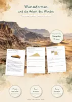 Vorschau - Unterrichtsreihen - Wüstenformen & die Arbeit des Windes – Große Lernwerkstatt Geografie & Erdkunde | Sandwüste, Kieswüste, Felswüste, Dünen, Windtransport, Deflation, Korrasion & Wadis | Arbeitsblätter mit Lösungen - Deckblatt