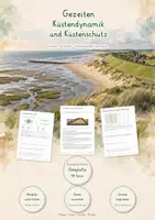 Vorschau - Unterrichtsreihen - Gezeiten & Küstenschutz – Große Lernwerkstatt Geografie & Erdkunde | Ebbe und Flut, Tidenhub, Watt, Küstenerosion, Dünen, Sturmfluten & Deiche | Arbeitsblätter mit Lösungen - Deckblatt