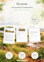 Vorschau - Unterrichtsreihen - Savannen & saisonale Trockenräume – Große Lernwerkstatt Geografie & Erdkunde | Feuchtsavanne, Trockensavanne, Regenzeiten, Trockenzeiten, Tierwanderungen & Landwirtschaft | Arbeitsblätter mit Lösungen - Deckblatt