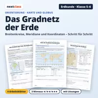 Vorschau - Arbeitsblätter - Gradnetz der Erde | Klasse 5/6 | 4 Arbeitsblätter mit Lösungen - Deckblatt