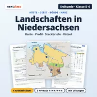 Vorschau - Arbeitsblätter - Landschaften in Niedersachsen | Klasse 5/6 | 4 Arbeitsblätter mit Lösungen - Deckblatt