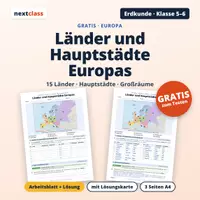 Vorschau - Arbeitsblätter - Länder und Hauptstädte Europas | Klasse 5/6 | Gratis-Arbeitsblatt + Lösung - Deckblatt