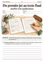 Aperçu - Feuilles d'exercices - Du premier jet au texte final justifier trois améliorations – livret de français 5e - Page de couverture