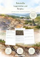 Vorschau - Unterrichtsreihen - Rohstoffe, Lagerstätten & Bergbau – Große Lernwerkstatt Geografie & Erdkunde | Rohstoffgewinnung, Tagebau, Untertagebau, Erzaufbereitung, Ressourcen, Reserven, Rekultivierung & Nachhaltigkeit | Arbeitsblätter mit Lösungen - Deckblatt