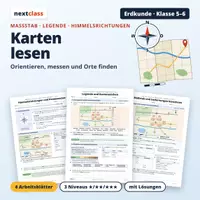 Vorschau - Arbeitsblätter - Karten lesen: Maßstab, Legende, Himmelsrichtungen | Klasse 5/6 | 4 Arbeitsblätter mit Lösungen - Deckblatt