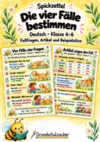 Vorschau - Merkblätter - Spickzettel Die vier Fälle bestimmen - Fallfragen, Artikel und Beispielsätze | Deutsch | Klasse 4–6 - Deckblatt